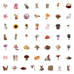 Detailed view of 50pcs cute cats dogs flowers waterproof graffiti stickers for DIY phone water bottle decoration.