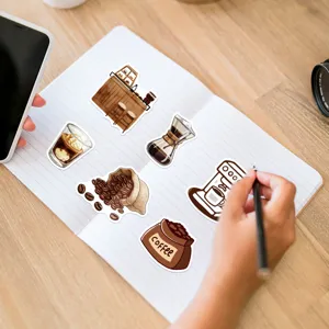 Coffee aesthetic stickers detail showing various cute designs on a notebook page for decor.