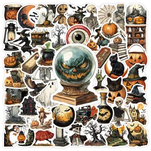 Vista dettagliata di 50 adesivi decorativi impermeabili retrò horror Halloween vintage.