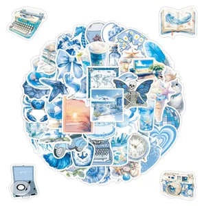 Blue coastal aesthetic waterproof decorative stickers set for water bottles and luggage.