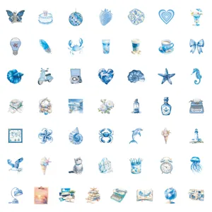 Blue coastal aesthetic watercolor stickers set, waterproof decorative decal for laptop water bottle.