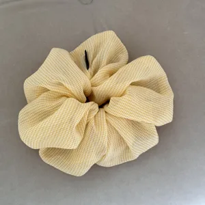 Yellow plaid chiffon scrunchie detail, vintage ruffled hair tie for women and girls daily styling.