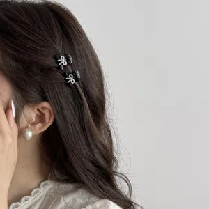 Mini black bow hair claw clips for women, cute crystal side bangs clip hair accessories daily.