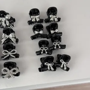 Cute black bow mini hair claw clips set, shiny rhinestone side bangs clip for sweet daily hair styling.