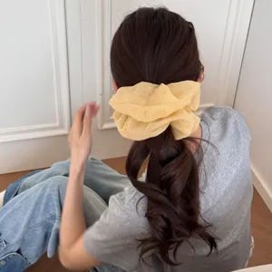 Yellow checkered chiffon hair scrunchie, retro pleated large ponytail holder for women stylish.