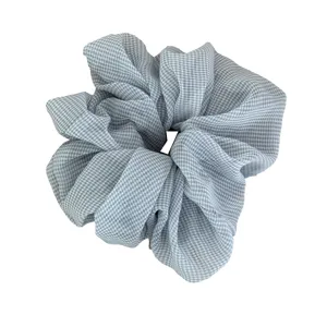 Blue and white gingham chiffon hair scrunchie, elegant vintage ruffled ponytail holder.