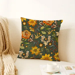 Detailed view of the retro bohemian floral throw pillowcase, showcasing intricate botanical patterns.