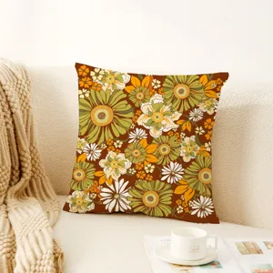 Retro bohemian floral throw pillow cover, vintage botanical print velvet cushion case for sofa.