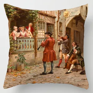 Classical European art print linen throw pillow cover detail view, vintage home decor accessory.