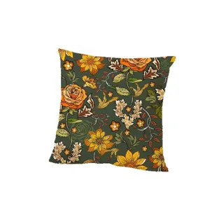 Vintage botanical floral throw pillow cover, dark green retro bohemian square cushion case.
