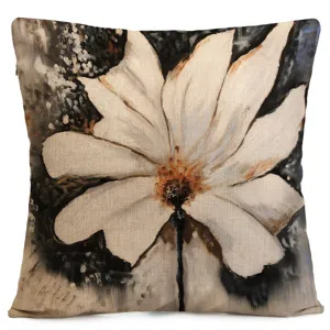 Linnen kussenhoes met artistiek olieverf bloemmotief design, perfect voor de woonkamer.
