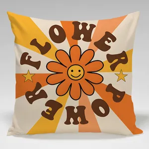 Retro groovy flower power throw pillow cover, vibrant 70s hippie daisy aesthetic cushion.