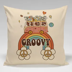 Retro groovy bus throw pillow cover, vintage rainbow flower cushion case for sofa home decor