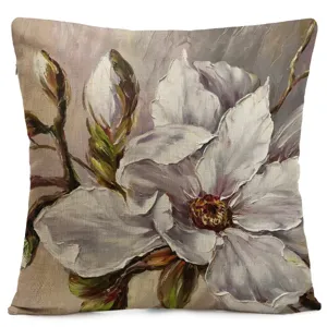 Linnen kussenhoes met vintage olieverf bloemmotief, met een prachtige detail textuur.