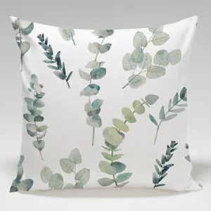 Fundas de cojín decorativas con hojas de eucalipto en acuarela verde para el hogar.
