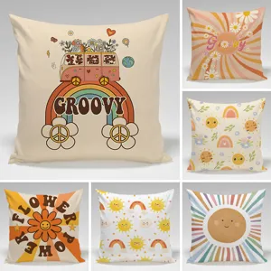 Retro Groovy Bus Rainbow Flower Throw Pillow Cover Aesthetic Bohemian Cushion Case For Sofa Office Home Decor