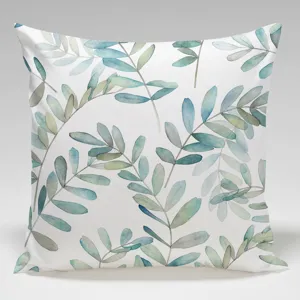 Funda de cojín con hojas verdes de acuarela, detalle de tela suave, decoración.