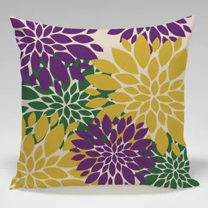 Detailed view of the dahlia floral print throw pillow cover, vibrant yellow and purple.