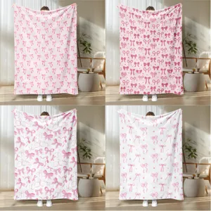 Soft pink bow flannel throw blanket cozy warm for bed couch living room home decor