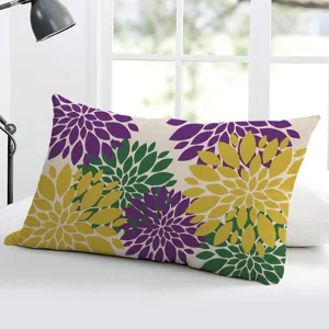 Dahlia geometric pattern throw pillow cover, detailed view of floral print fabric, soft home decor.