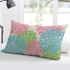 Rectangular dahlia floral pattern throw pillow cover detail view for cozy home sofa and bedroom.