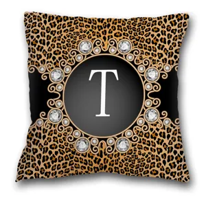 Housse de Coussin Léopard Lettre T Luxe Or Diamant Baroque Taie d'Oreiller Déco