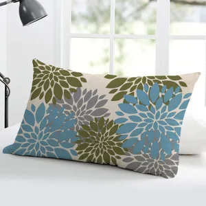 Rectangular floral bolster pillow cover with geometric dahlia pattern for sofa and bedroom.