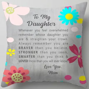 Peach skin pillow cover with inspiring daughter letter print, cozy sofa cushion decoration.