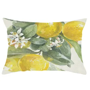 Watercolor lemon floral linen throw pillow case for sofa bed cozy lumbar cushion cover