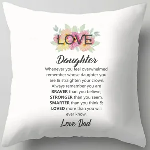 White throw pillow cover with heartfelt daughter poem and floral print for home sofa decor.