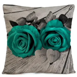 Leinen Kissenbezug quadratisch mit türkisen Rosen und Vintage Holzmaserung für Sofa.