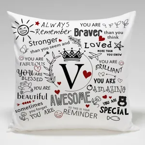 Funda de cojín con frase motivacional y letra V, decoración perfecta para el hogar.