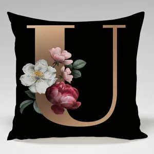Black and gold letter U throw pillow cover with elegant floral botanical design for sofa home decor