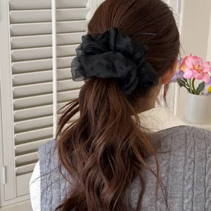 Fascia per capelli in organza nera da donna, grande elastico soffice per chignon alla moda.
