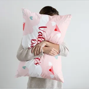 Valentine's Day pink pillowcase with cute heart and cloud prints, cozy soft fabric home decor.