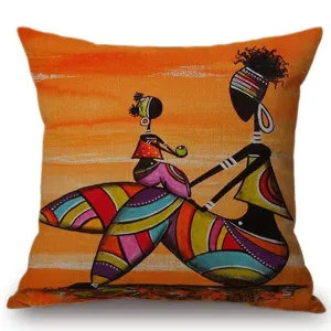 Housse de coussin art femme africaine, taie d'oreiller abstraite orange vif pour déco maison.