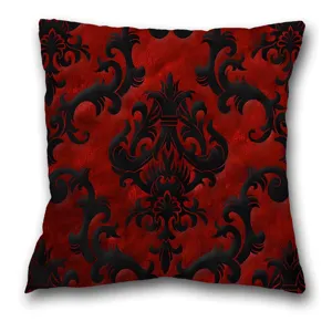 Cojin cuadrado de estilo gotico victoriano, cojin de damasco rojo y negro para sofas.