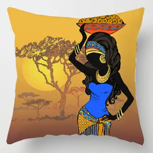 Housse de coussin imprimé numérique art femme africaine savane coucher de soleil