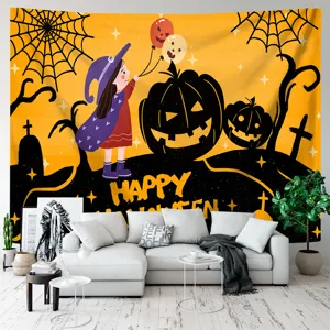 Halloween Wandteppich für Wohnzimmer Schlafzimmer Party Dekor mit Hexe und Kürbis Design.