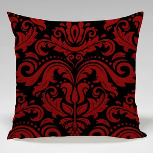 Cojín cuadrado de estilo gótico victoriano con elegante patrón damasco rojo y negro.