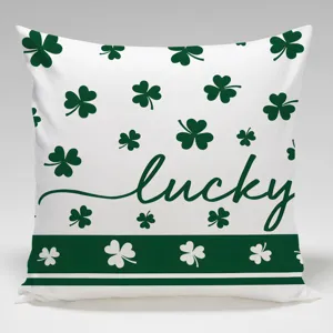 St. Patrick's Day clover pattern throw pillow cover, green and white decorative cushion.