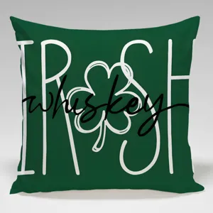 St. Patrick's Day green throw pillow cover with Irish whiskey text design for home decor.