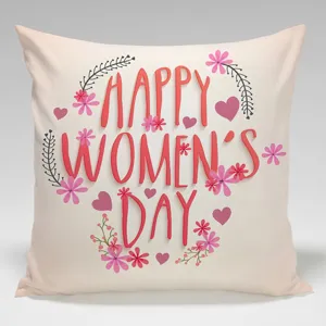 Square pillowcase featuring Happy Women's Day text print, ideal for sofa and living room.