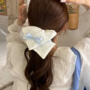Lace bow ponytail scrunchie with blue polka dot scarf detail, breathable fabric and sweet ribbon.