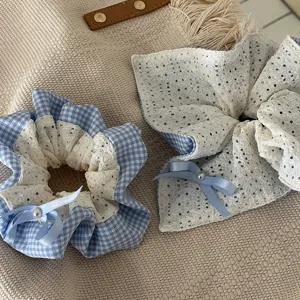 Lace Bow Blue Plaid Hair Scrunchie Fabric Breathable Hair Ring With Artificial Pearl Sweet Ponytail Holder For Women