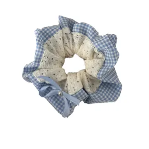 Blue checkered lace hair scrunchie with cute bow and pearl, stylish ponytail holder for women.