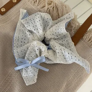 Lace bow hair scrunchie blue gingham white eyelet lace ponytail holder elegant hair accessory