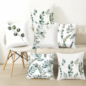 Green Watercolor Leaves Pillow Cover Peach Skin Linen Cushion Cover Decorative Square Pillowcase For Home Sofa Bed
