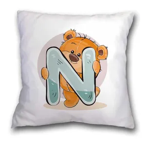Funda de cojín decorativa con estampado de oso de dibujos animados letra N para sofá salón.