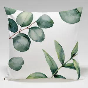 Funda de cojín cuadrada decorativa con estampado de hojas de eucalipto verde acuarela sofá